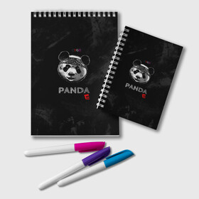 Блокнот с принтом Cygo - panda E в Петрозаводске, 100% бумага | 48 листов, плотность листов — 60 г/м2, плотность картонной обложки — 250 г/м2. Листы скреплены удобной пружинной спиралью. Цвет линий — светло-серый
 | cygo | panda e | rap | бандана | гепард | голова | леонид вакальчук | медведь | мы бежим с тобой как будто от гепарда | надпись | панда е | реп | репер | рэп | рэпер | сайго | суго | цуго