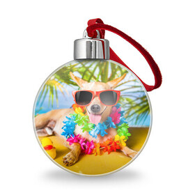 Ёлочный шар с принтом пляж в Петрозаводске, Пластик | Диаметр: 77 мм | Тематика изображения на принте: sea | гавайи | лето | море | океан | отдых | очки | пляж | собака | той терьер