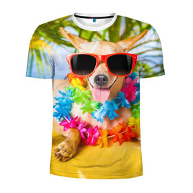 Мужская футболка 3D спортивная с принтом пляж в Петрозаводске, 100% полиэстер с улучшенными характеристиками | приталенный силуэт, круглая горловина, широкие плечи, сужается к линии бедра | sea | гавайи | лето | море | океан | отдых | очки | пляж | собака | той терьер