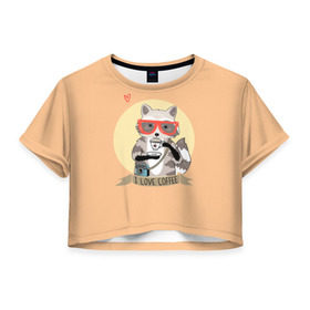 Женская футболка Cropp-top с принтом Енот и кофе в Петрозаводске, 100% полиэстер | круглая горловина, длина футболки до линии талии, рукава с отворотами | coffee | food | love | racoon | енот | кофе