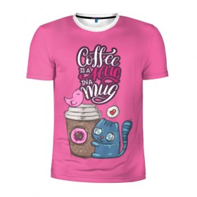 Мужская футболка 3D спортивная с принтом Coffee is a hug в Петрозаводске, 100% полиэстер с улучшенными характеристиками | приталенный силуэт, круглая горловина, широкие плечи, сужается к линии бедра | cat | coffee | food | love | кот | птичка
