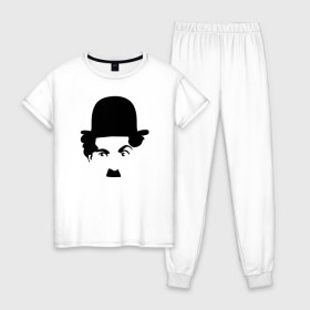 Женская пижама хлопок с принтом Чарли Чаплин в Петрозаводске, 100% хлопок | брюки и футболка прямого кроя, без карманов, на брюках мягкая резинка на поясе и по низу штанин | глаза. котелок | знаменитость | известность | лицо | минимализм | портрет | чаплин | чарли