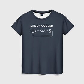 Женская футболка 3D с принтом Life of a coder в Петрозаводске, 100% полиэфир ( синтетическое хлопкоподобное полотно) | прямой крой, круглый вырез горловины, длина до линии бедер | coder | деньги | доллары | жизнь | код | кофе | программист | тыжпрограммист | цикл | язык