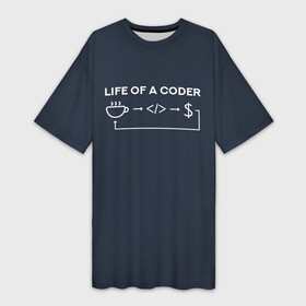 Платье-футболка 3D с принтом Life of a coder в Петрозаводске,  |  | coder | деньги | доллары | жизнь | код | кофе | программист | тыжпрограммист | цикл | язык