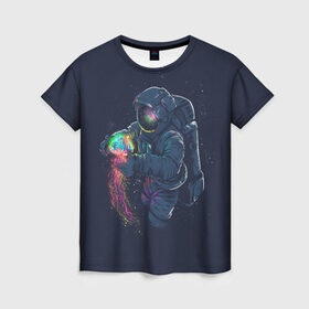 Женская футболка 3D с принтом Космическая Медуза в Петрозаводске, 100% полиэфир ( синтетическое хлопкоподобное полотно) | прямой крой, круглый вырез горловины, длина до линии бедер | earth | space | spaceman | земля | космонавт | космос | скафандр