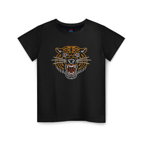 Детская футболка хлопок с принтом Тигр в Петрозаводске, 100% хлопок | круглый вырез горловины, полуприлегающий силуэт, длина до линии бедер | line | голова | животное | линии | минимализм | тигр | хищник
