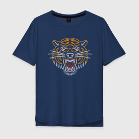 Мужская футболка хлопок Oversize с принтом Тигр в Петрозаводске, 100% хлопок | свободный крой, круглый ворот, “спинка” длиннее передней части | line | голова | животное | линии | минимализм | тигр | хищник