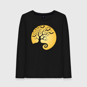Женский лонгслив хлопок с принтом Дерево на фоне луны в Петрозаводске, 100% хлопок |  | halloween | дерево | луна | мыши | ночь | страшно | хэллоуин