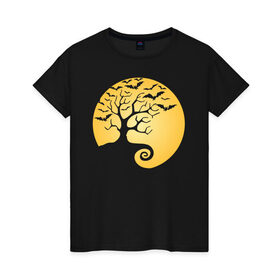 Женская футболка хлопок с принтом Дерево на фоне луны в Петрозаводске, 100% хлопок | прямой крой, круглый вырез горловины, длина до линии бедер, слегка спущенное плечо | halloween | дерево | луна | мыши | ночь | страшно | хэллоуин