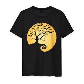 Мужская футболка хлопок с принтом Дерево на фоне луны в Петрозаводске, 100% хлопок | прямой крой, круглый вырез горловины, длина до линии бедер, слегка спущенное плечо. | halloween | дерево | луна | мыши | ночь | страшно | хэллоуин