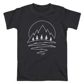 Мужская футболка хлопок с принтом Горный лес в Петрозаводске, 100% хлопок | прямой крой, круглый вырез горловины, длина до линии бедер, слегка спущенное плечо. | one line | горы | лес | линия | минимализм | ночь. луна | скалы. вершины. деревья. ели