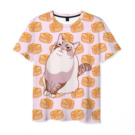Мужская футболка 3D с принтом Блины в Петрозаводске, 100% полиэфир | прямой крой, круглый вырез горловины, длина до линии бедер | cat | fat | internet | meme | pancakes | блины | интернет | кот | лупс | мем