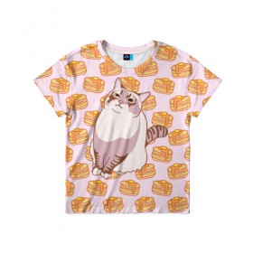Детская футболка 3D с принтом Блины в Петрозаводске, 100% гипоаллергенный полиэфир | прямой крой, круглый вырез горловины, длина до линии бедер, чуть спущенное плечо, ткань немного тянется | cat | fat | internet | meme | pancakes | блины | интернет | кот | лупс | мем