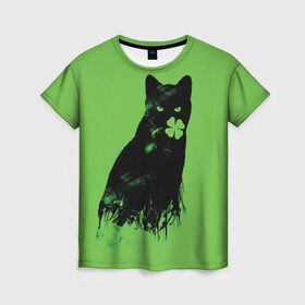 Женская футболка 3D с принтом Кот и Клевер в Петрозаводске, 100% полиэфир ( синтетическое хлопкоподобное полотно) | прямой крой, круглый вырез горловины, длина до линии бедер | cat | clover | ireland | patric saint day | день святого патрика | ирландия | клевер | кот | кошка | черная кошка