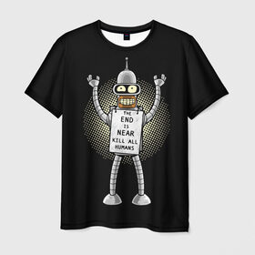 Мужская футболка 3D с принтом Kill All Humans в Петрозаводске, 100% полиэфир | прямой крой, круглый вырез горловины, длина до линии бедер | Тематика изображения на принте: all | bender | futurama | humans | kill | бендер | близок | всех | конец | людей | футурама