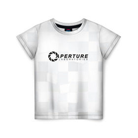 Детская футболка 3D с принтом Aperture Labs в Петрозаводске, 100% гипоаллергенный полиэфир | прямой крой, круглый вырез горловины, длина до линии бедер, чуть спущенное плечо, ткань немного тянется | Тематика изображения на принте: лаборатория | портал