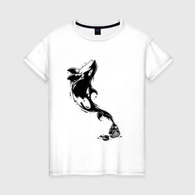 Женская футболка хлопок с принтом Чернильный дельфин в Петрозаводске, 100% хлопок | прямой крой, круглый вырез горловины, длина до линии бедер, слегка спущенное плечо | блики | брызги | дельфин. животное. клякса | касатка | минимализм | пятно | чернила