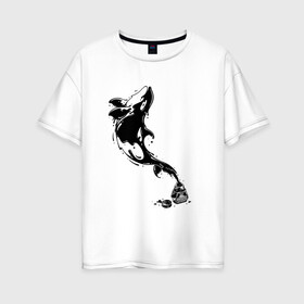 Женская футболка хлопок Oversize с принтом Чернильный дельфин в Петрозаводске, 100% хлопок | свободный крой, круглый ворот, спущенный рукав, длина до линии бедер
 | блики | брызги | дельфин. животное. клякса | касатка | минимализм | пятно | чернила