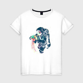 Женская футболка хлопок с принтом Космическая медуза в Петрозаводске, 100% хлопок | прямой крой, круглый вырез горловины, длина до линии бедер, слегка спущенное плечо | астронавт | космонавт | космос | краски | медуза | невесомость | свет. отражение. тело | скафандр | фантастика | цвета | чудеса