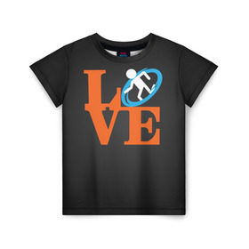 Детская футболка 3D с принтом Love Portal в Петрозаводске, 100% гипоаллергенный полиэфир | прямой крой, круглый вырез горловины, длина до линии бедер, чуть спущенное плечо, ткань немного тянется | aperture labs | люблю | портал