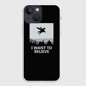 Чехол для iPhone 13 mini с принтом I Want to Believe в Петрозаводске,  |  | Тематика изображения на принте: magic | unicorn | верить | единорог | лес | магия