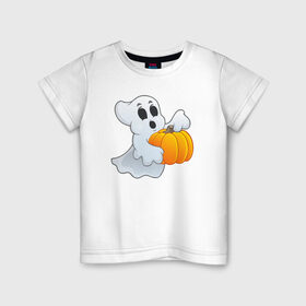 Детская футболка хлопок с принтом Привидение с тыквой в Петрозаводске, 100% хлопок | круглый вырез горловины, полуприлегающий силуэт, длина до линии бедер | Тематика изображения на принте: halloween | тыква | хэллоуин