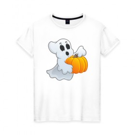 Женская футболка хлопок с принтом Привидение с тыквой в Петрозаводске, 100% хлопок | прямой крой, круглый вырез горловины, длина до линии бедер, слегка спущенное плечо | halloween | тыква | хэллоуин