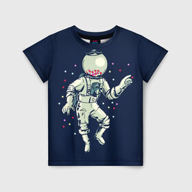 Детская футболка 3D с принтом Космонавт и конфеты в Петрозаводске, 100% гипоаллергенный полиэфир | прямой крой, круглый вырез горловины, длина до линии бедер, чуть спущенное плечо, ткань немного тянется | бесконечность | верховный | вселенная | звёзды | идёт | космонавт | космос | круто | лучший | магнитофон | мода | молодёжная | музыка | на плече | небо | несёт | поп арт | радуга | рисун | сказка