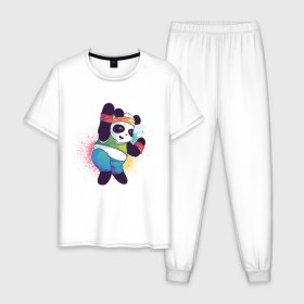 Мужская пижама хлопок с принтом Панда Зумба в Петрозаводске, 100% хлопок | брюки и футболка прямого кроя, без карманов, на брюках мягкая резинка на поясе и по низу штанин
 | dance | зумба | панда | танцует | танцы | фитнес