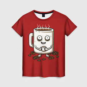 Женская футболка 3D с принтом Кофеёчек в Петрозаводске, 100% полиэфир ( синтетическое хлопкоподобное полотно) | прямой крой, круглый вырез горловины, длина до линии бедер | coffee | cup | food | mug | горячо | еда | кофе | кофеман | кофий | красный | крепкий | кружка | напиток | черный