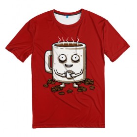 Мужская футболка 3D с принтом Кофеёчек в Петрозаводске, 100% полиэфир | прямой крой, круглый вырез горловины, длина до линии бедер | coffee | cup | food | mug | горячо | еда | кофе | кофеман | кофий | красный | крепкий | кружка | напиток | черный