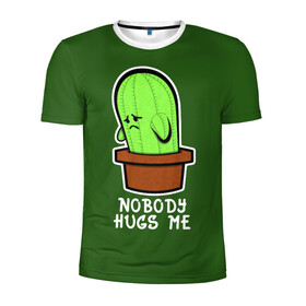 Мужская футболка 3D спортивная с принтом Nobody Hugs Me в Петрозаводске, 100% полиэстер с улучшенными характеристиками | приталенный силуэт, круглая горловина, широкие плечи, сужается к линии бедра | cactus | hugs | me | nobody | sad | горшок | горшочек | грусть | кактус | надпись | обнимашки | объятия | печаль | тоска