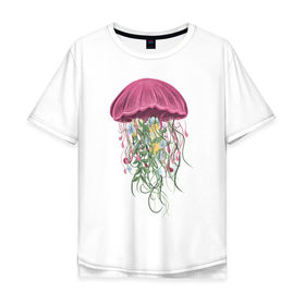 Мужская футболка хлопок Oversize с принтом Медуза и цветы в Петрозаводске, 100% хлопок | свободный крой, круглый ворот, “спинка” длиннее передней части | для девушек | женская | женские | медуза | с медузой | с цветами | цветочки | цветы