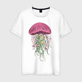 Мужская футболка хлопок с принтом Медуза и цветы в Петрозаводске, 100% хлопок | прямой крой, круглый вырез горловины, длина до линии бедер, слегка спущенное плечо. | для девушек | женская | женские | медуза | с медузой | с цветами | цветочки | цветы