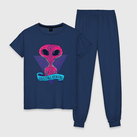 Женская пижама хлопок с принтом Пришелец в Петрозаводске, 100% хлопок | брюки и футболка прямого кроя, без карманов, на брюках мягкая резинка на поясе и по низу штанин | alien | aliens | инопланетяне | инопланетянин | нло | пришелец | пришельцы | чужой