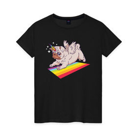 Женская футболка хлопок с принтом Мопс в Петрозаводске, 100% хлопок | прямой крой, круглый вырез горловины, длина до линии бедер, слегка спущенное плечо | pug | pugs | единорог | женская | женские | мопс | мопс единорог | мопсы | радуга | с мопсом
