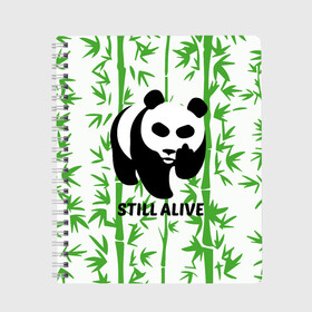 Тетрадь с принтом Still Alive в Петрозаводске, 100% бумага | 48 листов, плотность листов — 60 г/м2, плотность картонной обложки — 250 г/м2. Листы скреплены сбоку удобной пружинной спиралью. Уголки страниц и обложки скругленные. Цвет линий — светло-серый
 | Тематика изображения на принте: alive | bamboo | green | greenpeace | panga | peace | still | бамбук | грин | гринпис | живая | живой | зеленый | мир | панда | панды | пис