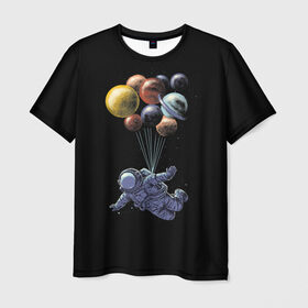 Мужская футболка 3D с принтом Космонавт на Шариках в Петрозаводске, 100% полиэфир | прямой крой, круглый вырез горловины, длина до линии бедер | galaxy | planet | planets | space | spaceman | star | stars | галактика | галактики | звезда | звезды | космонавт | космос | планета | планеты | шары