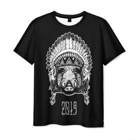 Мужская футболка 3D с принтом Кабан 2019 в Петрозаводске, 100% полиэфир | прямой крой, круглый вырез горловины, длина до линии бедер | верховный | вождь | год | голова | дикий | животные | индеец | ирокез | к | кабан | клыки | круто | лидер | лучший | мода | молодёжная | новый год | подарок | поздравление | поросенок | праздник | рисунок