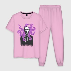 Мужская пижама хлопок с принтом Лавкрафт в Петрозаводске, 100% хлопок | брюки и футболка прямого кроя, без карманов, на брюках мягкая резинка на поясе и по низу штанин
 | cthulhu | cthulhu fhtagn | lovecraft | ктулху
