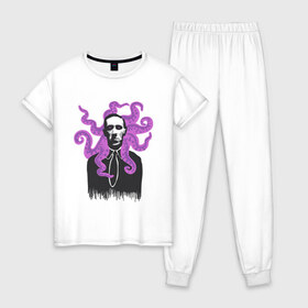 Женская пижама хлопок с принтом Лавкрафт в Петрозаводске, 100% хлопок | брюки и футболка прямого кроя, без карманов, на брюках мягкая резинка на поясе и по низу штанин | cthulhu | cthulhu fhtagn | lovecraft | ктулху