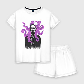 Женская пижама с шортиками хлопок с принтом Лавкрафт в Петрозаводске, 100% хлопок | футболка прямого кроя, шорты свободные с широкой мягкой резинкой | cthulhu | cthulhu fhtagn | lovecraft | ктулху