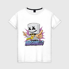 Женская футболка хлопок с принтом Marshmello в Петрозаводске, 100% хлопок | прямой крой, круглый вырез горловины, длина до линии бедер, слегка спущенное плечо | dj | marshmello | marshmelo | в маске | диджей | клубная | клубняк | маршмелло | маршмеллоу | маршмело | маршмэллоу | музыка | электронная