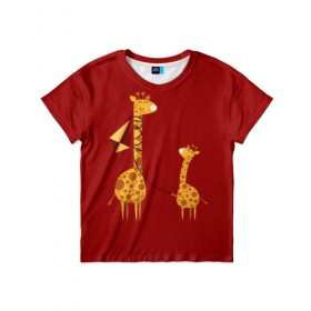 Детская футболка 3D с принтом Жираф и Жирафик в Петрозаводске, 100% гипоаллергенный полиэфир | прямой крой, круглый вырез горловины, длина до линии бедер, чуть спущенное плечо, ткань немного тянется | animal | desert | giraffe | long | pattern | skin | tall | высокий | длинная | животное | животные | жираф | жирафы | змей | летучий | пустыня | узор | шея