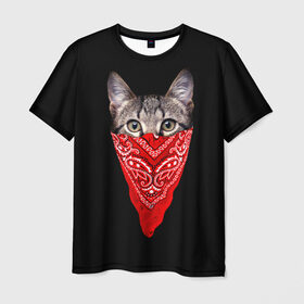 Мужская футболка 3D с принтом Gangsta Cat в Петрозаводске, 100% полиэфир | прямой крой, круглый вырез горловины, длина до линии бедер | cat | cats | gangsta | kitten | kitty | pussy | гангстер | кот | котенок | котик | котики | коты | котята | кошка | кошки | платок