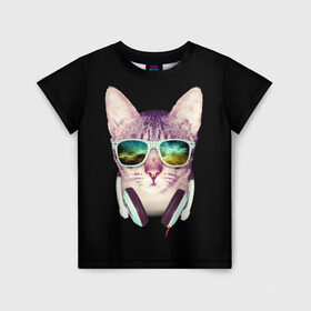 Детская футболка 3D с принтом Кот в Наушниках в Петрозаводске, 100% гипоаллергенный полиэфир | прямой крой, круглый вырез горловины, длина до линии бедер, чуть спущенное плечо, ткань немного тянется | cat | cats | kitten | kitty | pussy | диджей | кот | котенок | котик | котики | коты | котята | кошка | кошки | наушники | очки