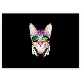 Поздравительная открытка с принтом Кот в Наушниках в Петрозаводске, 100% бумага | плотность бумаги 280 г/м2, матовая, на обратной стороне линовка и место для марки
 | cat | cats | kitten | kitty | pussy | диджей | кот | котенок | котик | котики | коты | котята | кошка | кошки | наушники | очки