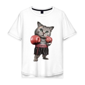 Мужская футболка хлопок Oversize с принтом Кот боксёр в Петрозаводске, 100% хлопок | свободный крой, круглый ворот, “спинка” длиннее передней части | Тематика изображения на принте: боец | бокс | боксёр | кот | котёнок | кошак | кошка | кулак | спорт | шорты