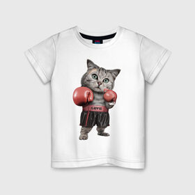 Детская футболка хлопок с принтом Кот боксёр в Петрозаводске, 100% хлопок | круглый вырез горловины, полуприлегающий силуэт, длина до линии бедер | Тематика изображения на принте: боец | бокс | боксёр | кот | котёнок | кошак | кошка | кулак | спорт | шорты