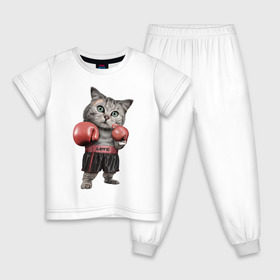 Детская пижама хлопок с принтом Кот боксёр в Петрозаводске, 100% хлопок |  брюки и футболка прямого кроя, без карманов, на брюках мягкая резинка на поясе и по низу штанин
 | Тематика изображения на принте: боец | бокс | боксёр | кот | котёнок | кошак | кошка | кулак | спорт | шорты
